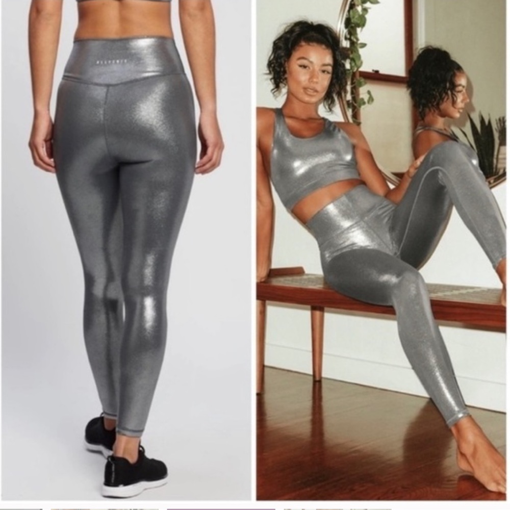 All Fenix Silver Racerback Sports Bra + Silver Metallic High Rise 7/8 Leggings